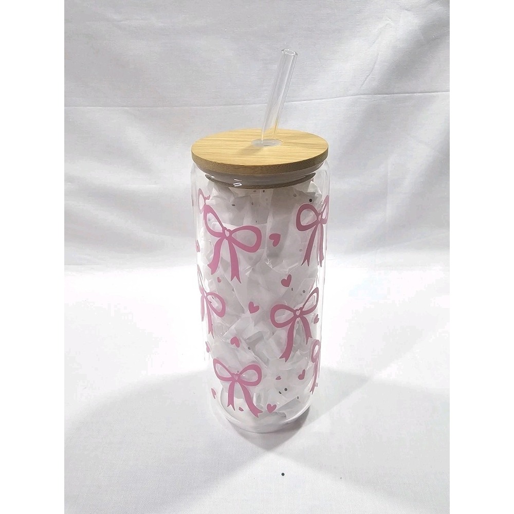 Glass Tumbler 20 oz Pink Bows Hearts Bamboo Lid And Glass Straw Valentines Love